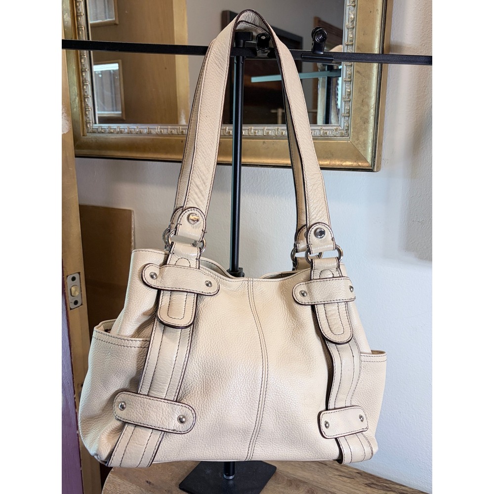 Tignanello Cream Pebbled Leather Shoulder Bag Belted Buckle Satchel Purse